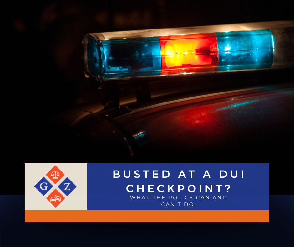 Photo of police lights on top of a police car. The words "Busted at a DUI Checkpoint.: